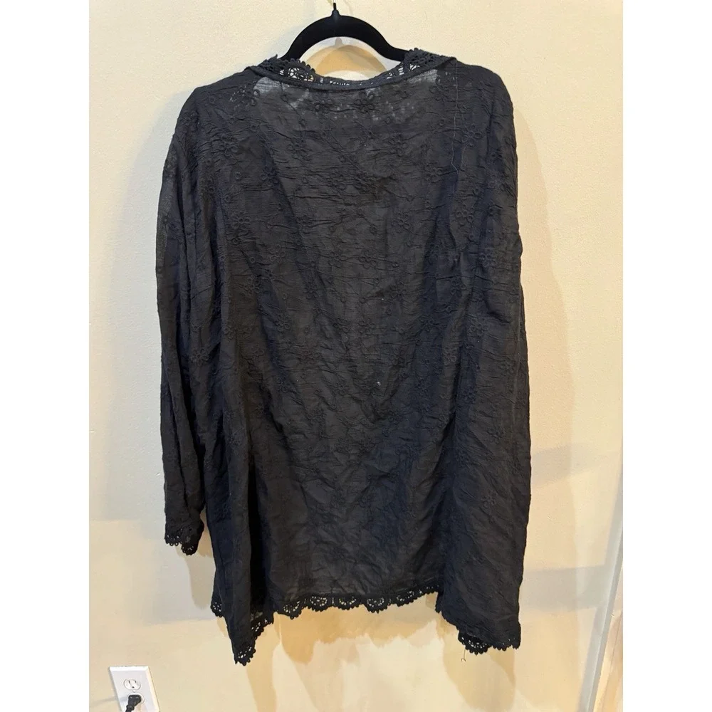Solitaire Black Open Front Embroidered Eyelet Crochet Duster Cardigan Size 3X